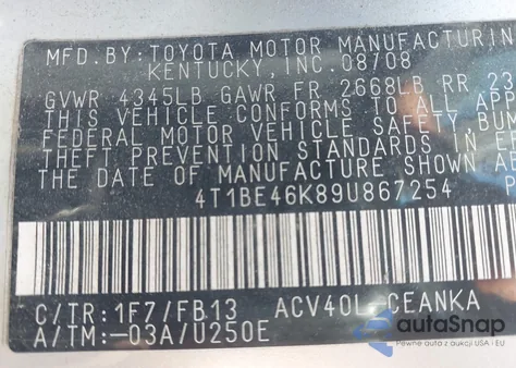 2009 Toyota Camry Le z USA, uszkodzony, nr VIN 4T1BE46K89U867254